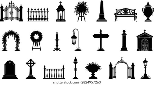 Professional collection of gothic cemetery and memorial silhouette elements featuring mausoleums, cemetery gates, monuments, wreaths, lanterns, fences, urns, benches, crosses, and funeral decorations. Ideal for Halloween graphics, remembrance designs, memorial projects, vector illustrations, laser cutting, stickers, posters, and commercial creative applications.