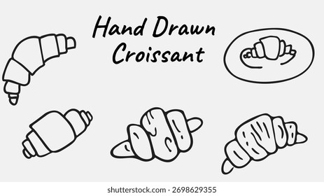 A professional collection of hand-drawn croissant vector illustrations featuring various angles and styles of the classic French pastry. These high-quality line art sketches are perfect for bakery branding, menu design, cafe decor, and culinary blog content. This versatile set includes five unique croissant doodles in a clean, minimalist black and white style. Ideal for food industry professionals looking for organic, hand-crafted aesthetic elements for packaging, social media graphics, and print materials. Each element is meticulously crafted to represent the flaky texture and iconic crescent shape of fresh-baked goods. Enhance your creative projects with these authentic bakery-themed vector icons.