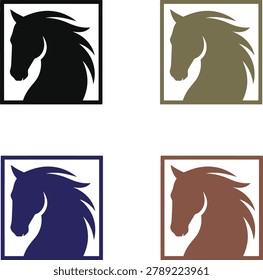 Professional collection of horse head logo designs featuring elegant square frame compositions and bold flowing mane silhouettes. Premium equestrian branding symbols suitable for horse farms, ranches, riding schools, racing clubs, veterinary clinics, luxury brands, sports organizations, apparel businesses, and corporate identity projects. Clean vector artwork isolated on white background with strong visual impact and timeless branding appeal.