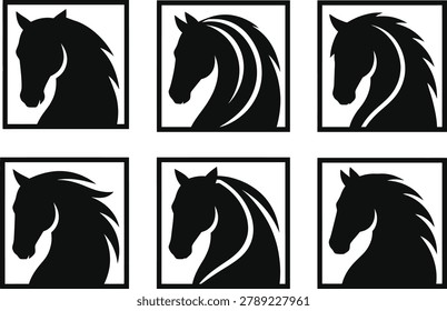 Professional collection of horse head logo variations featuring clean square frame compositions and distinctive mane styles. Elegant equestrian branding symbols designed for horse farms, ranches, stables, riding schools, racing clubs, veterinary clinics, sports organizations, luxury brands, and corporate identity projects. High-quality vector artwork isolated on white background with bold silhouettes and strong branding appeal.