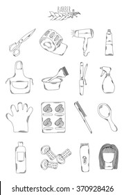 Professional collection of icons and elements. Seth hair salons, Barber hand drawn elements / doodles isolated on white background. Vector illustration