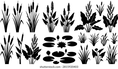 A professional collection of isolated black vector silhouettes featuring various wetland and pond plants, including bulrush cattails, water lily pads with flowers, reeds, and marsh foliage. This versatile botanical clip art bundle is ideal for landscape architecture plans, lakefront branding, environmental graphics, and nature-themed pattern designs.