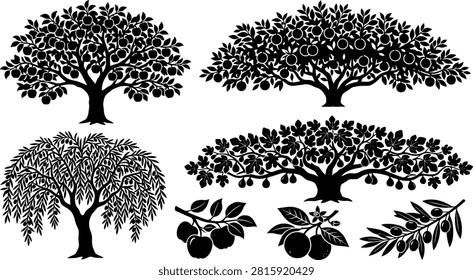 A professional collection of isolated black vector silhouettes showcasing various agricultural fruit trees and matching leafy branches bearing apples, oranges, figs, and olives. This clean graphic asset set is perfect for organic orchard branding, farm-to-table restaurant logos, agricultural product packaging, and botanical illustrations.A professional collection of isolated black vector silhouettes showcasing various agricultural fruit trees and matching leafy branches bearing apples, oranges, figs, and olives. This clean graphic asset set is perfect for organic orchard branding, farm-to-table restaurant logos, agricultural product packaging, and botanical illustrations.