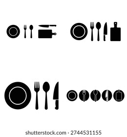 A professional collection of kitchenware silhouettes including plates, forks, spoons, knives, and wooden cutting boards in solid black and circular badge styles for restaurant menus.