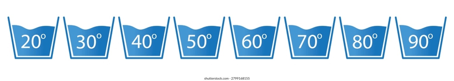 Professional collection of laundry wash temperature symbols displaying 20°C, 30°C, 40°C, 50°C, 60°C, 70°C, 80°C, and 90°C. Simple sky-blue solid vector icons isolated on a white background.