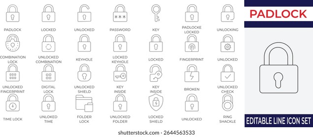 A professional collection of line icons featuring padlocks, keys, and digital lock elements. Ideal for password protection, cybersecurity, and secure access interfaces.