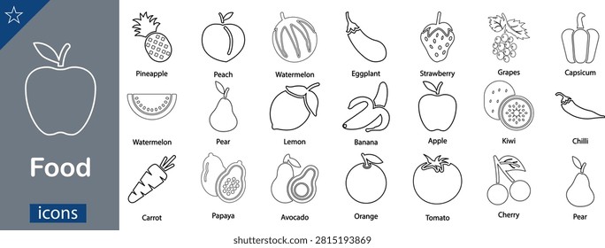 A professional collection of linear vector icons focusing on fresh grocery items, healthy organic nutrition, and culinary cooking ingredients. The horizontal layout displays a neatly structured matrix grid of minimalist thin line glyphs on a plain white background, bordered by a distinct slate grey sidebar title block reading 