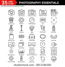A professional collection of minimalist line icons representing core photography tools, camera types, and shooting concepts. Designed for creative professionals, educators, and content creators, this bundle covers everything from cameras and lenses to exposure settings and editing symbols. Perfect for photography tutorials, equipment catalogs, and visual branding for studios or camera gear retailers. Fully editable vector artwork ensures clean scalability for print and digital use.
