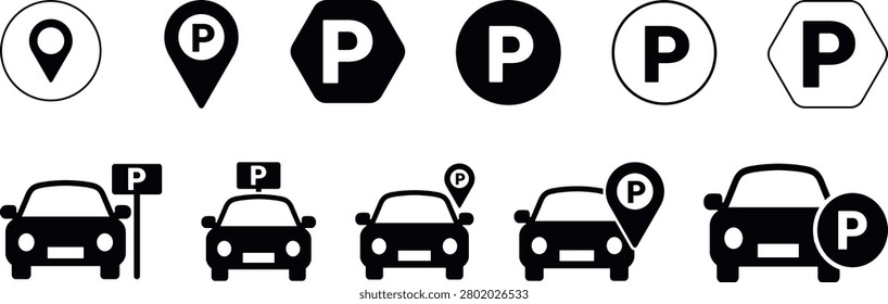 A professional collection of parking location icons featuring car park symbols, navigation pins, vehicle markers, parking signs, and modern wayfinding elements. Designed for maps, GPS applications, mobile interfaces, transportation platforms, smart city projects, navigation systems, urban planning graphics, websites, and digital products. These clean vector icons provide clear visual communication for parking-related services, location tracking, route guidance, automotive applications, and user interface design projects.