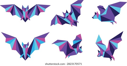 A professional collection of six stylized bat graphics featuring a modern polygonal design and a neon color palette. These versatile vector elements are perfect for Halloween decorations, mascot logos, app icons, and creative digital art projects.
