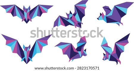 A professional collection of six stylized bat graphics featuring a modern polygonal design and a neon color palette. These versatile vector elements are perfect for Halloween decorations, mascot logos, app icons, and creative digital art projects.
