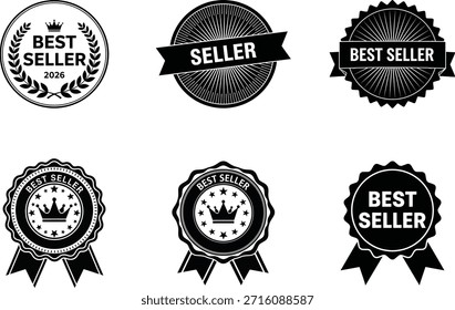 Una colección profesional de seis distintivos únicos de marketing "Best Seller" y sellos minoristas. Con varios estilos minimalistas que incluyen coronas de laurel, coronas, fondos de rayos de sol y cintas elegantes, estos iconos vectoriales en blanco y negro de alto contraste son perfectos para señales de confianza de comercio electrónico, empaques de productos y marcas promocionales