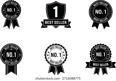 Uma coleção profissional de seis distintivos de marketing "No. 1 Best Seller" exclusivos e selos de varejo. Apresentando vários estilos minimalistas, incluindo designs de escudos, bordas recortadas, destaques de estrelas e fitas elegantes, esses ícones de vetor preto e branco de alto contraste são perfeitos para sinais de confiança de comércio eletrônico, conquistas de classificação e marcas promocionais.