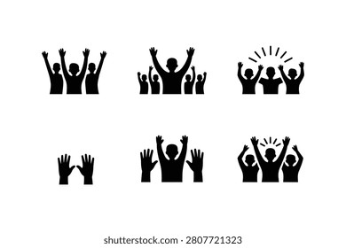 A professional collection of six vector icons showcasing black silhouettes of happy people cheering and raising hands in celebration. This minimalist design is set on a solid white background and represents victory success unity community and active fan support.