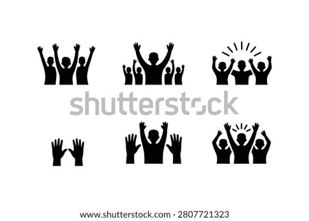 A professional collection of six vector icons showcasing black silhouettes of happy people cheering and raising hands in celebration. This minimalist design is set on a solid white background and represents victory success unity community and active fan support.