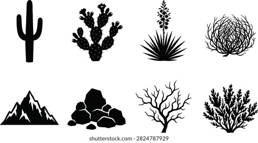 A professional collection of solid black vector silhouettes featuring desert landscape elements and arid environment plants. This western nature set includes a saguaro cactus, prickly pear, blooming yucca, tumbleweed, mountain range, boulders, dead tree, and desert shrub, perfect for wild west designs.