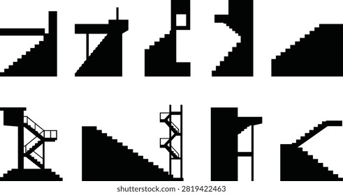 Professional collection of ten diverse staircase design silhouettes showcasing various architectural stair solutions, access systems, and circulation designs. Features straight stairs, spiral access towers, industrial platforms, and landscape integration options suitable for architectural documentation, construction planning, interior design visualization, and building documentation purposes.