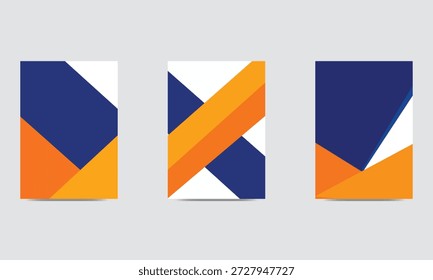 Una colección profesional de tres Plantillas de portada abstractas con Formas geométricas atrevidas en azul marino y naranja, ideales para informes de negocios, revistas o folletos de marketing.
