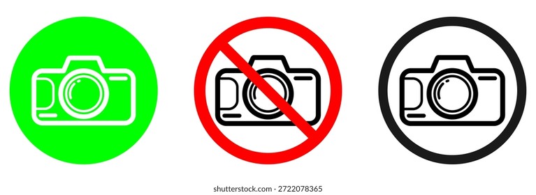 Coleção profissional de três símbolos de câmera projetados para sinalização, aplicativos e sites para indicar claramente as permissões de fotografia e o status do dispositivo