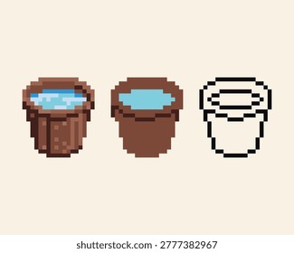 A professional collection of three pixel art icons depicting a wooden bucket or pail filled with fresh water. The set features a detailed textured version, a solid flat color version, and a clean black outline. Ideal for farming simulators, survival game inventory systems, gardening apps, and retro-style digital assets.