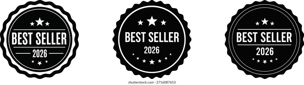 Una colección profesional de tres siluetas de sello minimalistas únicas "Best Seller 2026". Con varios bordes festoneados decorativos y acentos de estrellas, estos iconos vectoriales en blanco y negro de alto contraste son perfectos para el marketing minorista, el empaquetado de productos y las señales de confianza del comercio electrónico