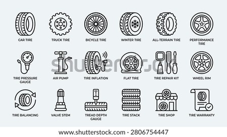 Professional collection of tire related vector icons including winter treads pressure gauges and inflation equipment for automotive workshops tire retail stores and vehicle maintenance guides with technical outline design and clear representation of professional car services.