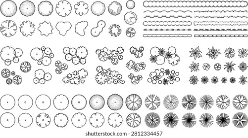 Professional collection of top view landscape architecture CAD symbols featuring trees, shrubs, bushes, flowers, hedges, and vegetation elements. Ideal for landscape design plans, architectural drawings, urban planning, site plans, and vector illustration projects.
