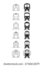 A professional collection of train icons featuring both outline and solid styles. The set shows various front view designs of subways and commuter rail cars.