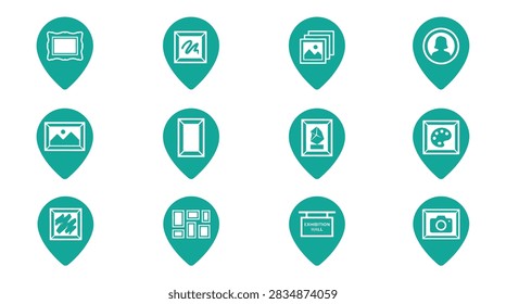 A professional collection of twelve turquoise map pointer icons specifically designed for cultural and artistic navigation. Each pin contains a distinct white graphic representing gallery and museum features, including classic and modern picture frames, landscape paintings, photography icons, art palettes, and exhibition hall signage. Ideal for use in travel applications, digital city guides, and museum orientation maps.