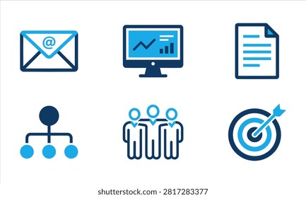 A professional collection of twenty modern blue line icons featuring essential business, communication, and management symbols for corporate projects.