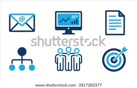 A professional collection of twenty modern blue line icons featuring essential business, communication, and management symbols for corporate projects.