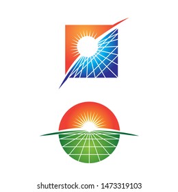 A professional collection of two solar panel vector logos representing renewable energy and sustainability. The set features a sun rising over a structured solar grid, presented in both square and circular geometric frames with vibrant orange, blue, and green gradients. These modern emblems are perfect for solar installation companies, green energy startups, environmental organizations, and sustainable technology firms committed to clean, eco-friendly power solutions.
