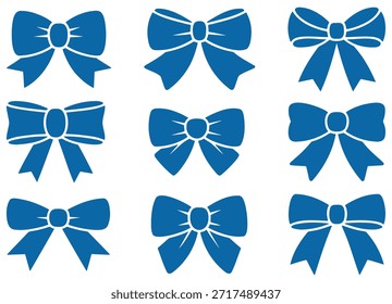 A professional collection of various blue bow tie icons and ribbon knots in vector format, perfect for gift decoration, luxury fashion branding, or celebratory greeting cards.