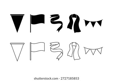 A professional collection of various flag and banner styles in both solid black silhouette and minimalist line art outline. Includes pennants flags on poles flowing ribbon banners and decorative bunting for events and celebrations.