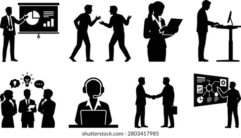 A professional collection of vector black silhouettes showing business people analyzing data charts, brainstorming ideas, shaking hands, and handling customer support. This commercial graphic set is ideal for financial reports, company brochures, human resources, and workspace design projects.