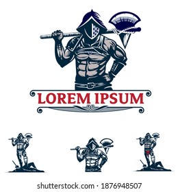 A professional collection of vintage-style vector mascot logos featuring a powerful Gladiator warrior. The design utilizes a hand-drawn, etched aesthetic with high-contrast shading to depict a muscular fighter in a perforated steel helmet holding a battle axe. This set includes a high-impact version within a shield insignia and a standalone character Perfect for retro gym branding, combat sports, apparel design, and heritage-style gaming logos.