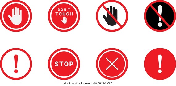 A professional collection of warning and prohibition sign icons featuring stop symbols, do not touch notices, hazard alerts, restriction indicators, exclamation marks, and safety instruction elements. Designed for workplace safety systems, industrial environments, construction sites, manufacturing facilities, public information displays, educational materials, compliance documentation, mobile applications, websites, and user interfaces. These high-visibility vector icons provide clear visual communication for risk prevention, safety awareness, restricted access, and emergency notification purposes.