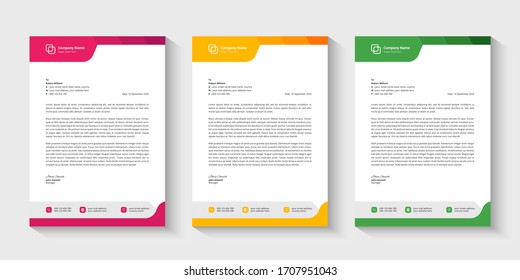 Professional colorful modern abstract business letterhead set vector design template. Yellow, pink, green three color company letterhead design template.