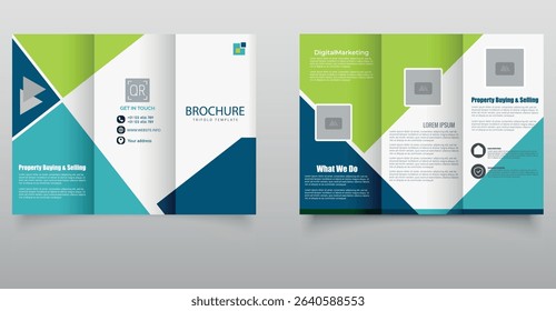 Professional and colorful trifold brochure template designed for real estate or property-related businesses, featuring geometric shapes, contact info, and service highlights.