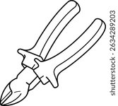 Professional combination pliers with wire stripping notches and cutting edges. Insulated electrical tool for automotive wiring, copper wire work and screw cutting. Vector outline icon.