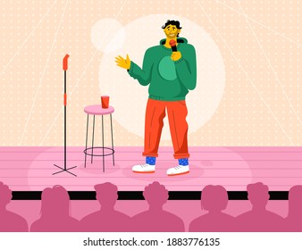 Professional comedian performing in stand up show at stage. Artist jokes with microphone, audience laughing. Vector character illustration of live entertainment performance, comic show concept