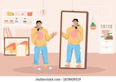 Professional comedian preparing for stand up performance at home. Artist rehearsing jokes standing in front at mirror. Live entertainment performance, comic show. Vector character illustration