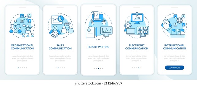 Professional communication forms blue onboarding mobile app screen. Walkthrough 5 steps graphic instructions pages with linear concepts. UI, UX, GUI template. Myriad Pro-Bold, Regular fonts used