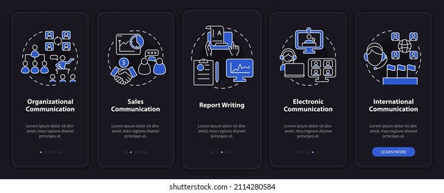 formularios de comunicación profesional en modo nocturno a bordo de la pantalla de aplicación móvil. Recorrido 5 pasos de páginas de instrucciones gráficas con conceptos lineales. UI, UX, plantilla GUI. Multitud de tipos de letra Pro-Bold, con uso regular