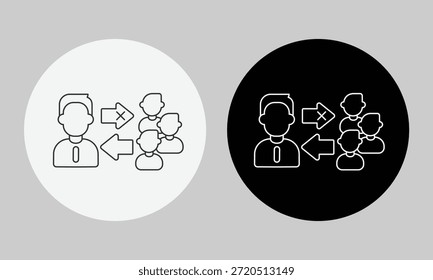 Icono de brecha de comunicación de Profesional y rechazo grupal, Vector de arte de línea minimalista para la exclusión social, barreras de trabajo en equipo, malentendidos en el lugar de trabajo y símbolo de aislamiento de liderazgo