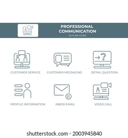 Juego de iconos de esquema de comunicación profesional con iconos de mensajes, preguntas, perfiles y videollamadas.
