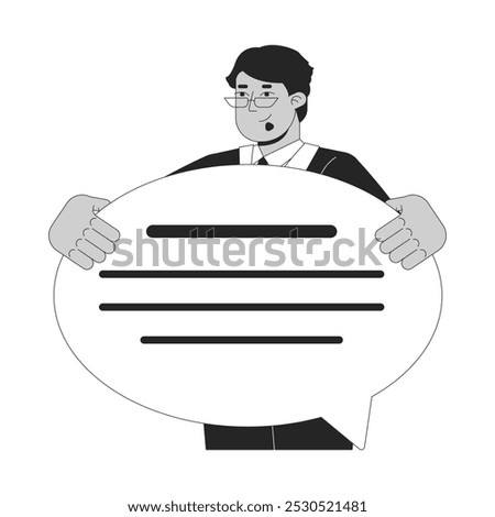 Professional communication skill black and white 2D illustration concept. Business man holding speech bubble outline character isolated. Messaging digital conversation metaphor monochrome vector art