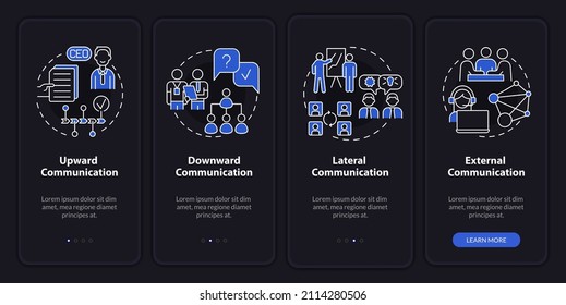 Professional communication types night mode onboarding mobile app screen. Walkthrough 4 steps graphic instructions pages with linear concepts. UI, UX, GUI template. Myriad Pro-Bold, Regular fonts used
