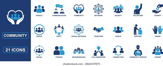 Professional community and social connection solid icon set featuring collaboration, volunteer work, charity, unity, neighborhood, public society, social networking, friendship, support, teamwork, communication, community service, and collective engagement symbols. Ideal for nonprofit organizations, social platforms, civic initiatives, community programs, websites, and mobile apps.