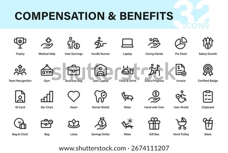 Professional Compensation Line Icon Collection with Modern Minimal Benefits, Salary, Allowances, Payroll, Bonus, and Financial Payment Symbols in Vector Style
